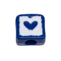 Square acrylic DIY bead in dark blue with a white center and blue heart pattern - Large Hole Square / Sapphire Blue