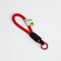 Red braided lanyard with black binding and metal ring, variant with white logo woven tag - Single Cord Bright Red