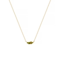 Detail view of 18k gold plated titanium necklace with five green round gemstones - August