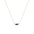 Close-up of golden O-chain necklace with five clustered dark blue gemstone pendants - September