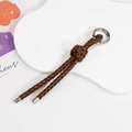 Brown braided leather keychain with silver spring clasp and fringe tassel accessory - Double Strand-Dark Coffee
