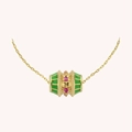 Macro detail of drum-shaped 18K gold necklace pendant with green enamel and pink stones - Green Necklace