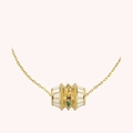 Macro detail of drum-shaped pendant with enamel finish and colorful gemstones on a gold chain - White Necklace