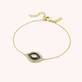 Detail view of gold Evil Eye bracelet with blue enamel, zircon, and lobster clasp closure - Dark Green Enamel Eye Style / Green Eye Bracelet