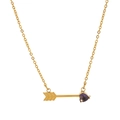 Detailed view of 18K gold arrow necklace featuring a purple heart-shaped birthstone pendant - February