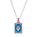 Détail macro du pendentif cœur tarot rétro avec émail bleu et pierres violettes - Bleu Foncé Zirconium Rose (Argent)