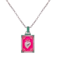 Détail d'un pendentif tarot cœur rectangulaire avec émail rose et cristaux verts - Rouge Zirconium Vert (Argent)