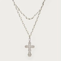 Gothic gelaagde kruis ketting met witte schelpparels en fonkelende kristallen - Ketting / Zilveren Ketting