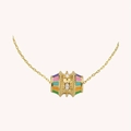 Golden cylindrical pendant necklace with colorful enamel stripes and three zircons - Mixed Color Necklace