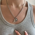 Silver cowboy boots and hat pendant necklace with twisted rope chain on model - Boot And Hat Silver