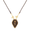 Bohemian gold chain necklace with colorful braided cord and black Hamsa hand shield pendant - Black Necklace