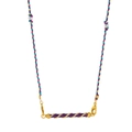 Detail of colorful braided rope necklace with purple enamel pendant and pearl accent - Purple Enamel Cylinder / Purple