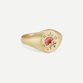 Gold brushed signet ring featuring a red enamel flower and star-etched crystals - Pink Peach Blossom Pattern / Gold