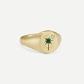Matte gold signet ring featuring green palm tree, crescent moon and star engraving - Gold