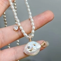 Baroque pearl fish pendant necklace with gold accents and zircon bead on rice pearl chain - Short Tail Fish Necklace (Natural Pearl/Artificial Pearl)