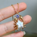 Golden crab pendant necklace with star-shaped pearl and purple zircon stone - Gold Purple Rhinestone Crab (Natural Pearl)