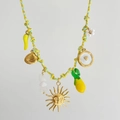 Detail of colorful braided necklace with sun, shell, and lemon charms in beach style - Sun Green Rope Style