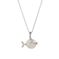 Macro detail of fish pendant with natural white pearl and sparkling crystal eye accent - Silver Regular Fish Necklace
