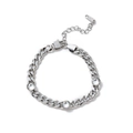 Silver stainless steel flat Cuban link chain bracelet with three round clear cubic zirconia - Curb Chain / Dotted Silver Bracelet