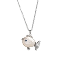 Detail of silver fish pendant necklace with baroque pearl body and blue gemstone eye - Silver Tropical Fish Necklace