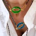Colgante de esmalte colorido con gemas en cordón trenzado multicolor para mujer - Estilo Esmalte Ovalado / Collar Azul