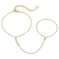 Detail of 18k gold plated stainless steel finger bracelet with cz stones and adjustable clasp - Four Rhinestones Ring-Linked Bracelet / Gold