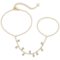 Detailed view of gold plated hand chain with nine sparkling round bezel-set rhinestones - Nine Pendants Ring-Linked Bracelet / Gold