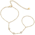 18k gold plated stainless steel finger bracelet with three circular cubic zirconia stones - Three Rhinestones Ring-Linked Bracelet / Gold