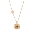 Rotating golden flower necklace featuring a vibrant purple stone and polished gold charm - February Style