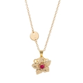 Drehbare goldene Halskette mit fünfblättriger Blume und einer roten Perle in der Mitte - Juli Stil