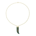 Detailed view of vintage gold necklace with green malachite horn pendant and red stones - Link Chain-Green