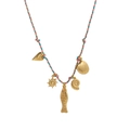 Detail of colorful woven rope necklace featuring gold heart, fish and seashell charms - Red Fish Red Rope Style