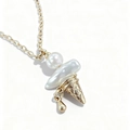 Gold-plated 18k ice cream pendant necklace with white pearls and waffle cone detail - Waterdrop Pendant Ice Cream Pearl Necklace (Artificial Pearl) (5)