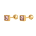 Square purple gemstone stud earrings with gold plating and screw-back ball closures - October (Pink)