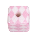 Pink and white argyle pattern square bead with center hole for DIY jewelry making - Argyle Cube / Pink