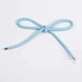 Light blue hand-woven PU leather bow keychain with polished silver metal end caps - Blue