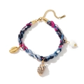 Detail view of colorful fabric woven necklace with gold shell charms and S-STEEL tag - Bracelet / Seashell Colorful Fabric Bracelet