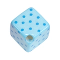Light blue acrylic cube bead with dark blue polka dots and a center hole for DIY crafts - Blue