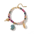 Pink and green woven fabric bracelet with golden coconut tree and seashell pendants - Bracelet / Seashell Tail Colorful Fabric Bracelet