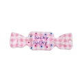 Pink gingham acrylic candy pendant with lucky lucky text and star details - Lettered Pink Gingham / Pink