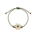 Macro detail of hand-woven colorful tarot rope bracelet with a gold star and blue stone - Hexagram Woven Style / Star Bracelet