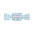 Blue and white checkered candy-shaped acrylic pendant featuring lucky lucky text - Lettered Blue Gingham