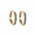 Detail of 18k gold plated hoop earrings with light blue round cut cubic zirconia stones - March (Blue Zirconia)