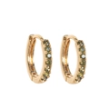 Detail of 18k gold huggie earrings featuring a row of set olive green zircon stones - August (Olive Green Zirconia)
