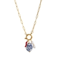 Collier chaîne trombone plaqué or avec piment rouge, ovale céramique et perles - Collier Fleur en Céramique Piment