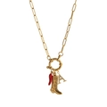 Collier chaîne trombone dorée avec pendentifs piment rouge, botte de cowboy et lettre A - Collier Lettre Botte