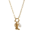 Collier trombone en or 18K vintage avec breloques fer à cheval, botte et perle - Collier en U Botte