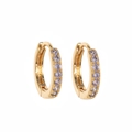 Detail of 14k gold plated huggie earrings featuring sparkling purple birthstone crystals - June (Light Purple Zirconia)