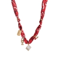 Bohemian red fabric necklace with gold Good Luck charms and clover padlock pendant - Dice - Red