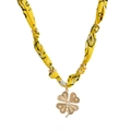 Golden clover pendant necklace featuring yellow printed fabric chain and sparkling crystals - Clover Style - Yellow